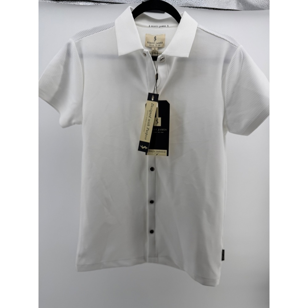 Scott James Mens Ribbed Button Front Polo Shirt White Silver Small NWT